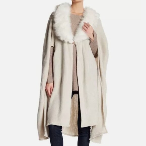 Cejon Womens OSFM faux fur collar soft poncho long line Shawl Cover up Grey - Picture 2 of 8